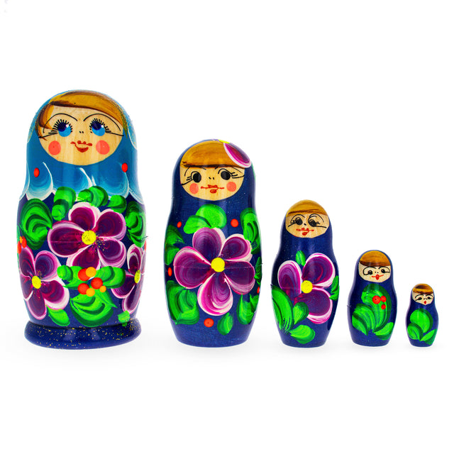 Wood Beautiful Wooden  with Light Blue Color Hood and Flowers Nesting Dolls in Blue color