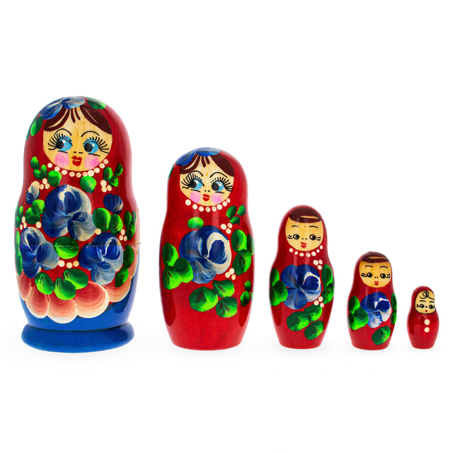 Wood Beautiful Wooden  with Red Color Hood and Blue Flowers Nesting Dolls in Red color