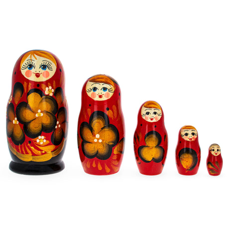 Wood Beautiful Wooden  with Red Color Hood and Golden Flowers Nesting Dolls in Red color