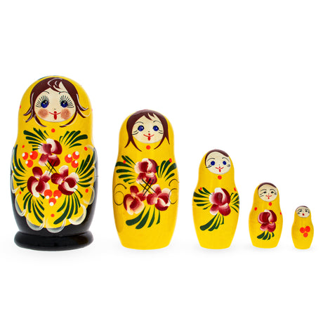 Wood Beautiful Wooden  with Yellow Color Hood and Flowers Nesting Dolls in Yellow color