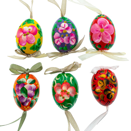 Wood Flowery Painting Miniatured Multicolored Wooden Easter Egg Ornaments in Multi color