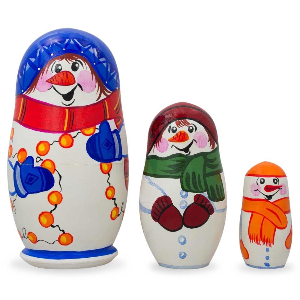 Wood Set of 3 Snowman Wooden Christmas Nesting Dolls 4.25 Inches in Multi color