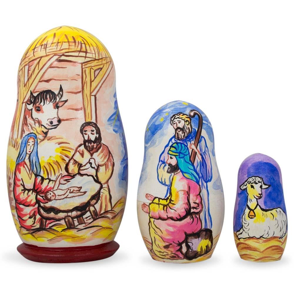 Wood 3 Nativity Scene Set Wooden Nesting Dolls 4.25 Inches in Multi color