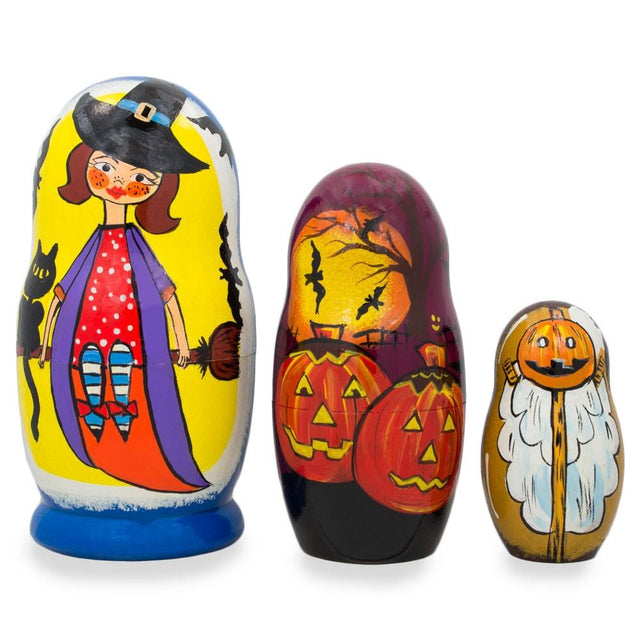 Wood Set of 3 Halloween Witch and Pumpkins Wooden Nesting Dolls 4.25 Inches in Multi color