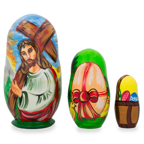 Wood Set of 3 Jesus with Cross, Easter Eggs Wooden Nesting Dolls 4.25 Inches in Multi color