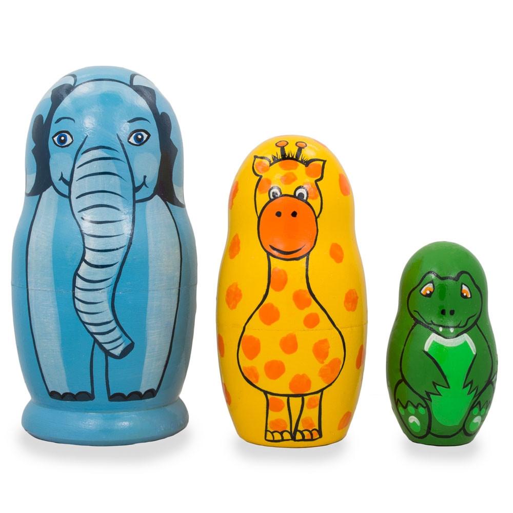 Wood Set of 3 Elephant, Giraffe, and Alligator Wooden Nesting Dolls 4.25 Inches in Multi color