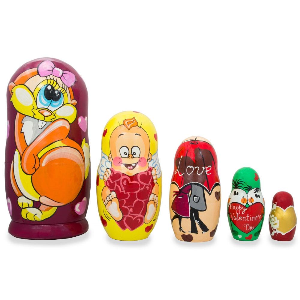 Wood Set of 5 St. Valentine's Day Cupid Love Wooden Nesting Dolls 6 Inches in Multi color