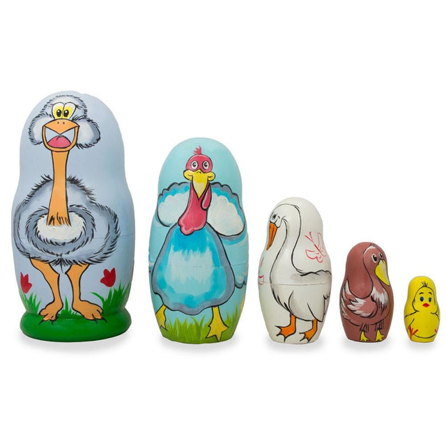 Wood Set of 5 Ostrich, Turkey, Duck Birds Wooden Animal Nesting Dolls 4.25 Inches in Multi color