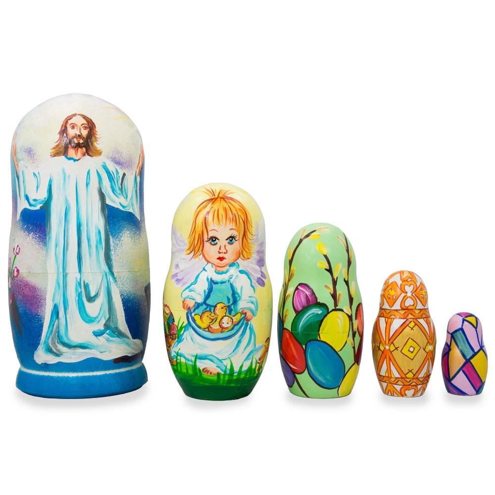 Set of 5 Jesus Christ Rising, Angel and Easter Eggs Wooden Nesting Dolls 6 Inches in Multi color,  shape