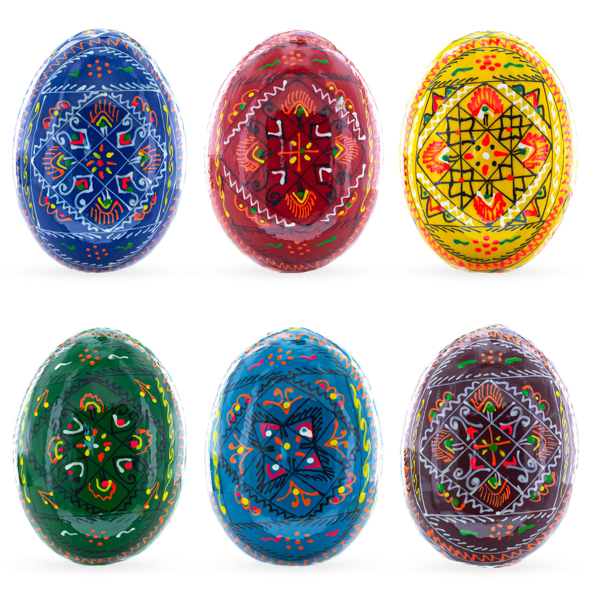Wood Set of 6 Traditional Ukrainian Pysanky Wooden Easter Eggs 2.25 Inches in Multi color Oval