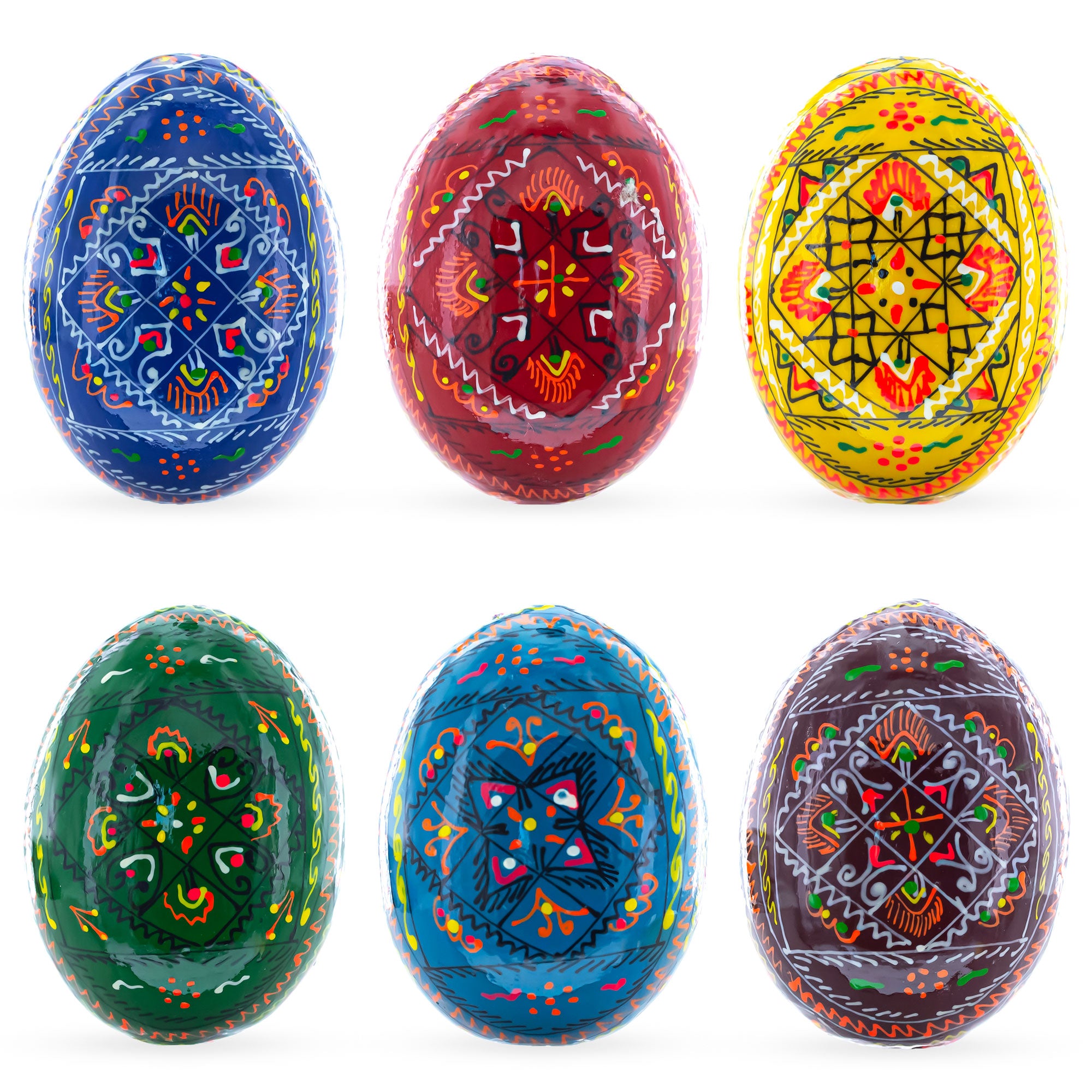 Set of 6 Traditional Ukrainian Pysanky Wooden Easter Eggs 2.5 Inches in Multi color Oval