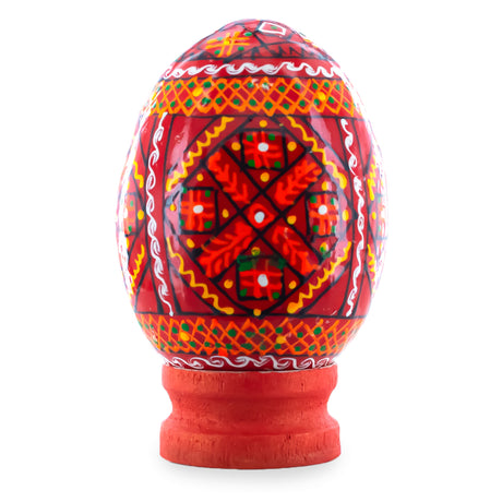 Wood Geometrical Red Ukrainian Wooden Easter Egg Pysanka on a Stand 3 Inches in White color Oval