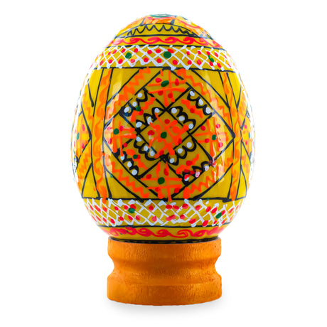 Wood Geometrical Yellow Ukrainian Wooden Easter Egg Pysanka on a Stand 3 Inches in White color Oval