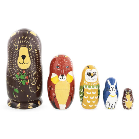 Wood Set of 5 Bear, Fox, Owl, Bunny & Otter Wooden Nesting Dolls 6 Inches in Multi color