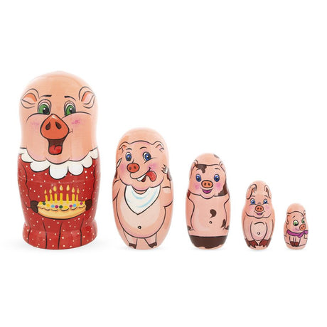 Wood Set of 5 Pigs Celebration Wooden Nesting Dolls 6 Inches in Multi color