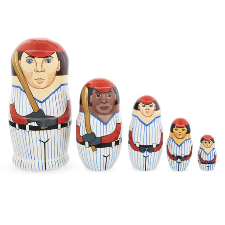 Wood Set of 5 Baseball Wooden Nesting Dolls 6 Inches in Multi color