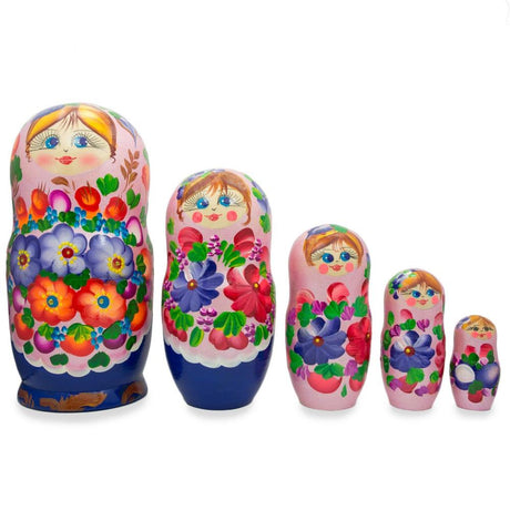 Wood Flowers on Pink Dress Wooden  Nesting Dolls 7.25 Inches in Multi color