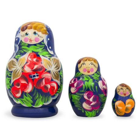 Wood Set of Flowers on Blue Dress Nesting Dolls 3.5 Inches in Blue color