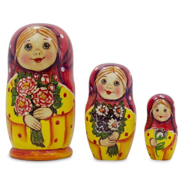 Set of 3 Girls with Flower Bouquet  Nesting Dolls 4.25 Inches in Multi color,  shape