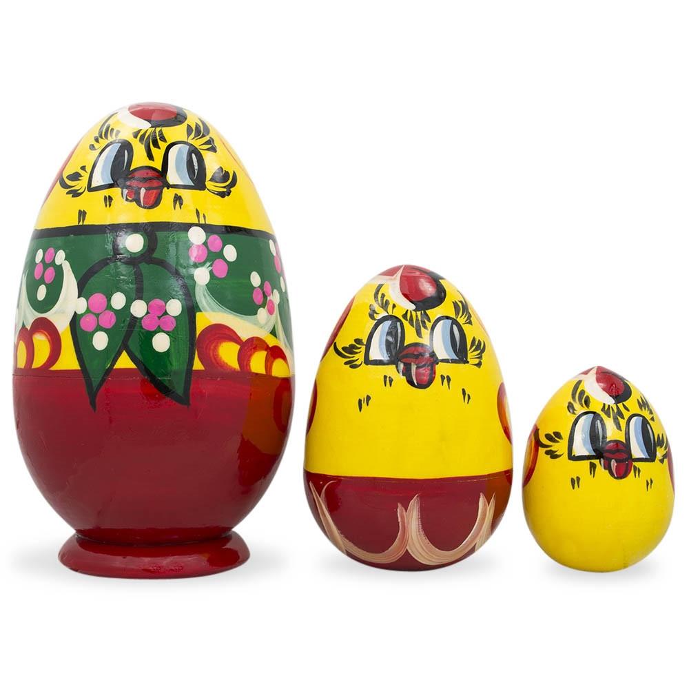 Set of 3 Hen and Chicks Wooden Nesting Dolls 4.75 Inches in Yellow color, Oval shape