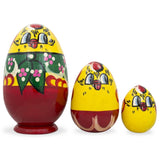 Set of 3 Hen and Chicks Wooden Nesting Dolls 4.75 Inches in Yellow color, Oval shape