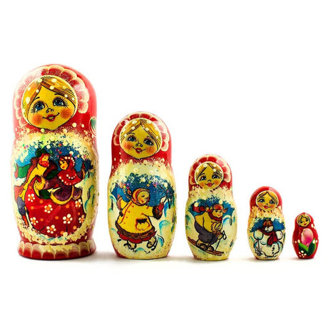 Wood Set of 5 Dancing Couple in Winter Village Nesting Dolls 6.5 Inches in Multi color