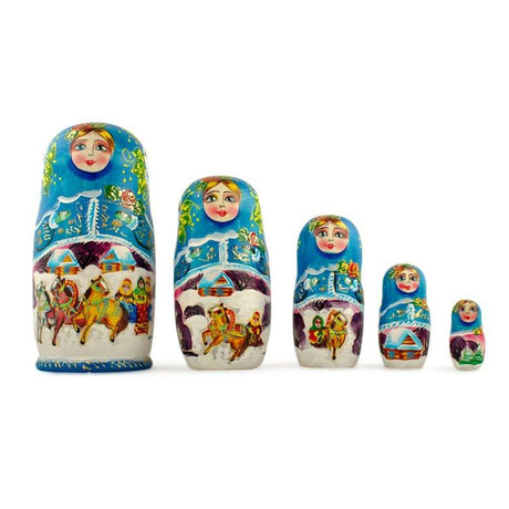 Wood Set of 5 Winter Ride Wooden  Nesting Dolls 7 Inches in Multi color
