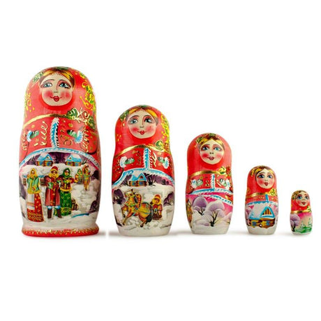 Wood Set of 5 Winter Night  Wooden Nesting Dolls 6.5 Inches in Multi color