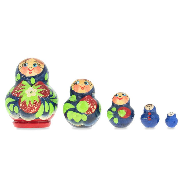 Wood 5 Miniature Strawberry Dress Nesting Dolls  1.75 Inches in Blue color
