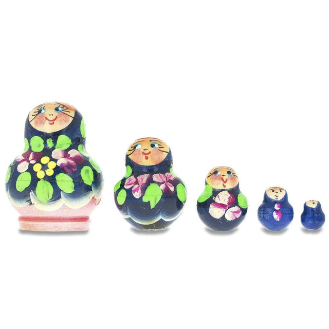 Wood Set of 5 Miniature Blue Floral Nesting Dolls  1.75 Inches in Blue color