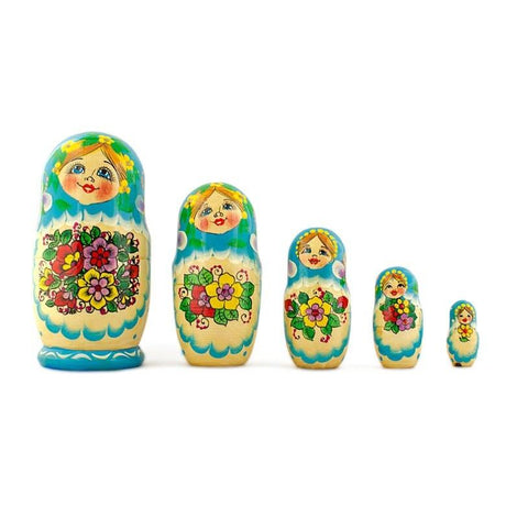 Wood Set of 5 Garden Bouquet Dress Nesting Dolls 5.5 Inches in Blue color