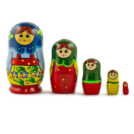 Wood Set of 5 Babushka in Blue Scarf Nesting Dolls 4 Inches in Multi color