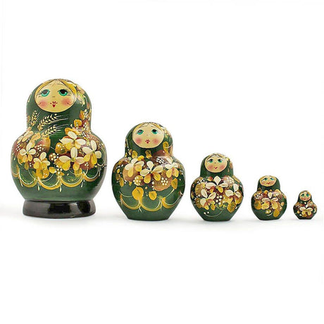 Wood Set of 5 Golden Flowers on Red Dress Nesting Dolls  5 Inches in Green color