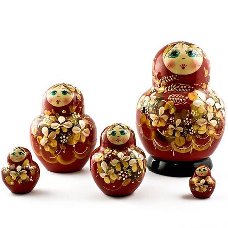 Wood Set of 5 Golden Flowers on Red Dress Nesting Dolls  5 Inches in Red color