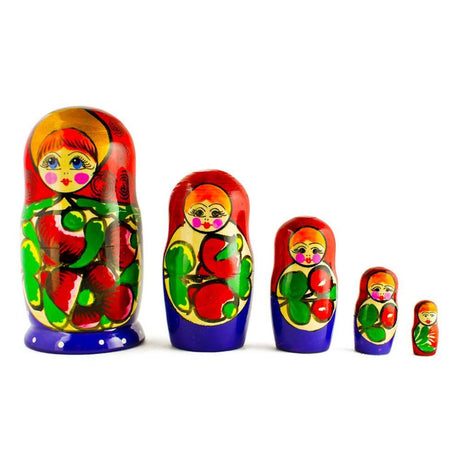 Wood Set of 5 Traditional in Red Scarf Nesting Dolls  6 Inches in Multi color