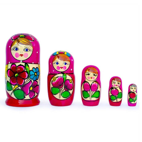 Wood Set of 5 Traditional in Amaranth Scarf Nesting Dolls 6 Inches in Multi color