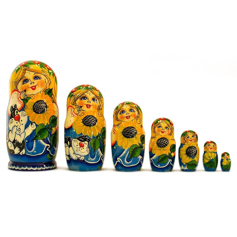 Wood Set of 7 Girls with Cat in Blue Dress Nesting Dolls 8.5 Inches in Multi color