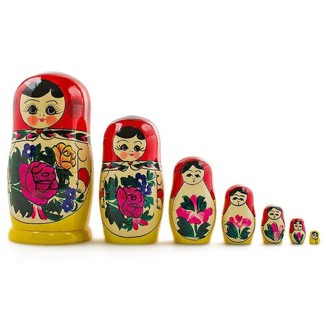 Wood Set of 7 Wooden Dolls Nesting Dolls 7 Inches in Red color