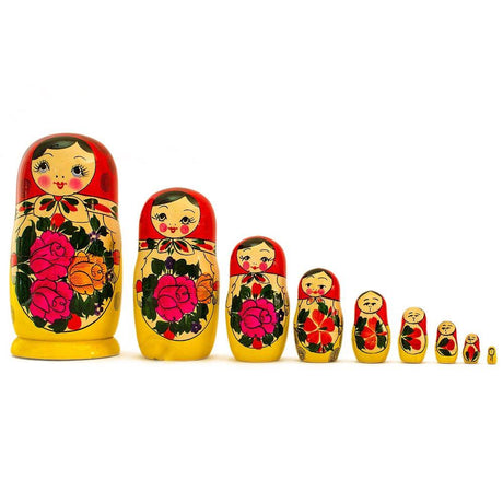 Wood Set of 9 Traditional Semenov Wooden Nesting Dolls 10 Inches in Red color
