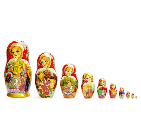 Wood Set of 10 Cinderella Wooden Nesting Dolls 10 Inches in Multi color