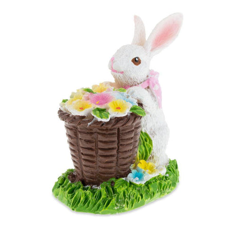 Resin Bunny with Easter Basket full of Flowers 3 Inches in White color
