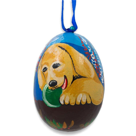 Wood Yellow Labrador Dog with Ball Wooden Christmas Ornament 3 Inches in Multi color Oval