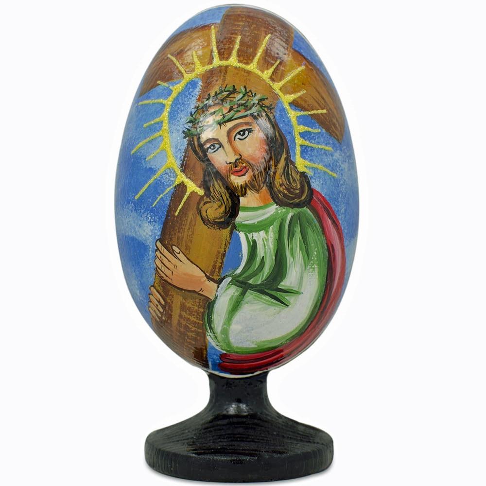 Wood Jesus Christ Carrying Cross Wooden Easter Egg Figurine 4.75 Inches in Multi color Oval