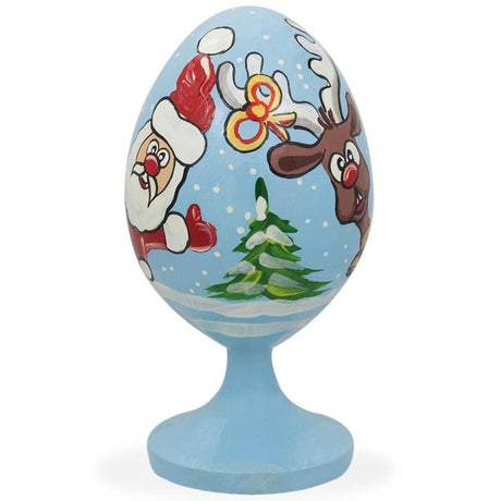 Santa, Reindeer and Christmas Gifts Wooden Figurine in Multi color, Oval shape