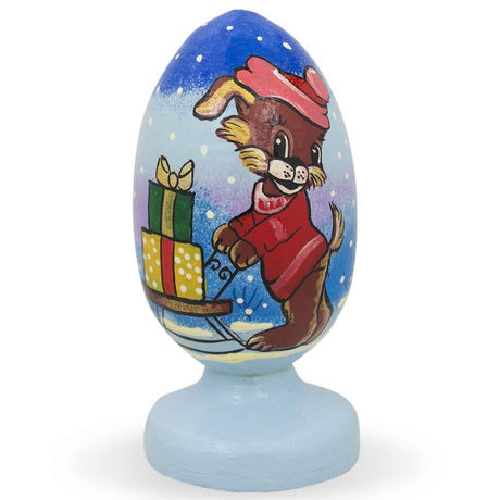 Wood Dog Delivering Christmas Gifts Wooden Figurine in Multi color Oval
