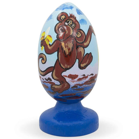 Wood Monkey under Palm Eating Bananas Wooden Figurine in Multi color Oval