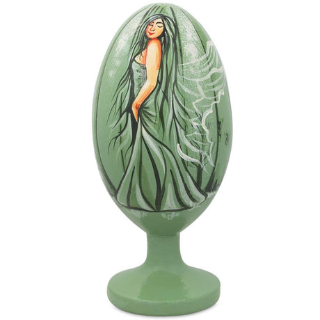 Wood Green Earth Fairy Angel Wooden Figurine 4.75 Inches in Green color Oval