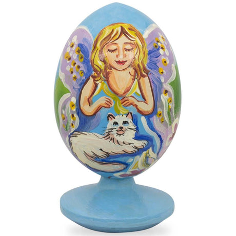 Wood Fairy White Cat in Garden Wooden Figurine in Multi color Oval