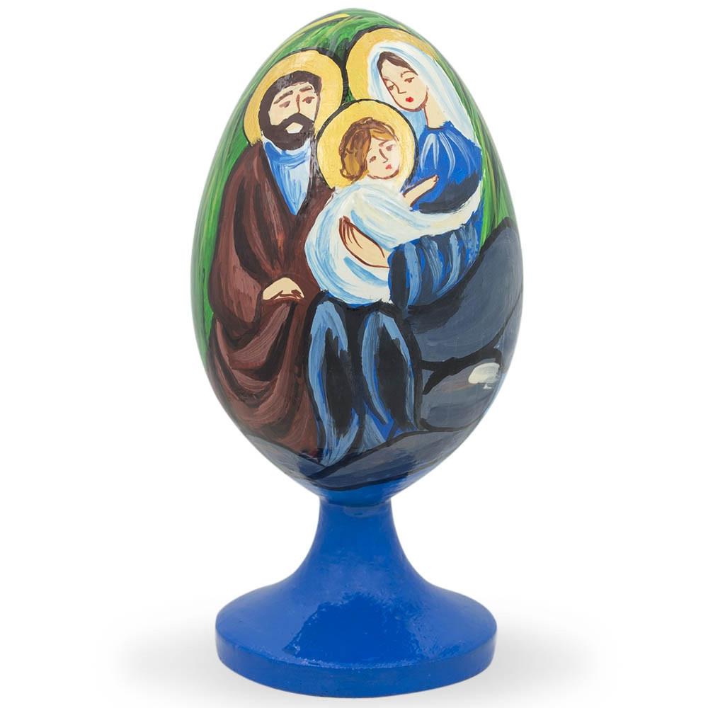 Wood Mary and Joseph Holding Jesus Wooden Figurine in Multi color Oval