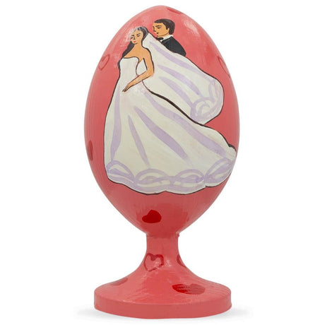 Wood Bride and Groom Wedding Cake Wooden Figurine in Red color Oval
